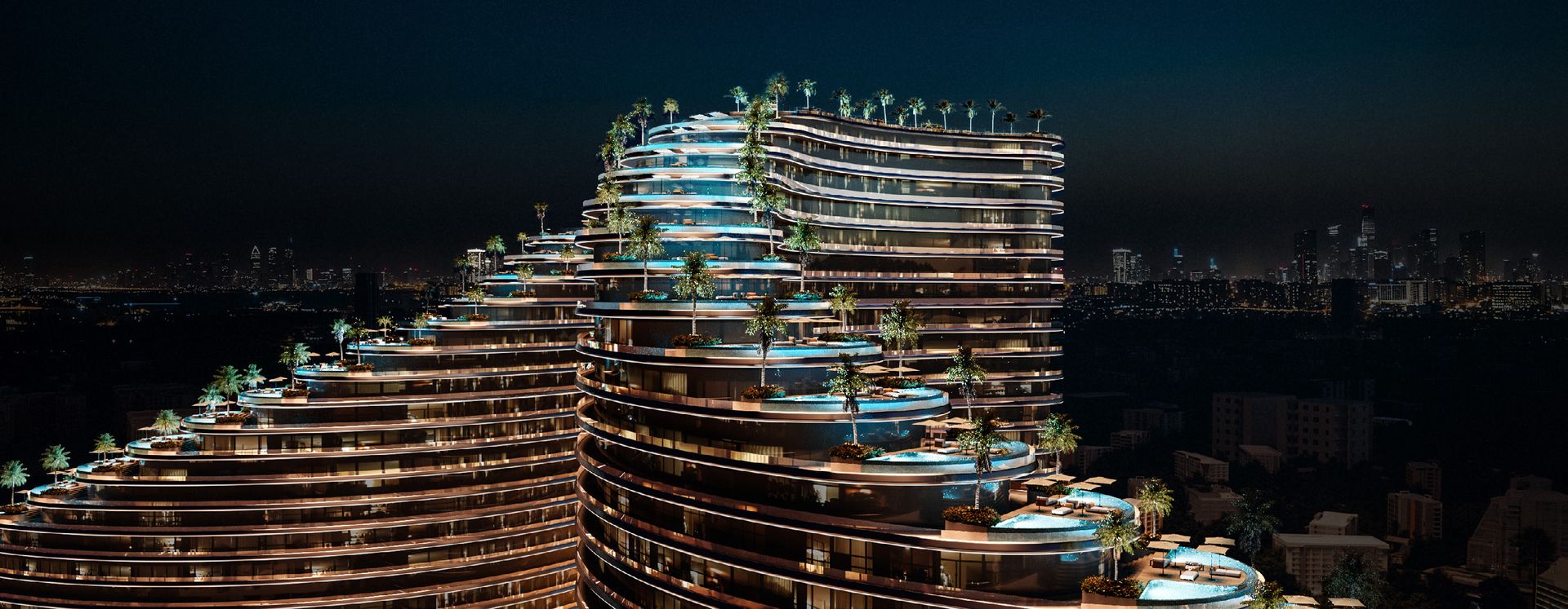 Binghatti Skyflame aerial terraces at night