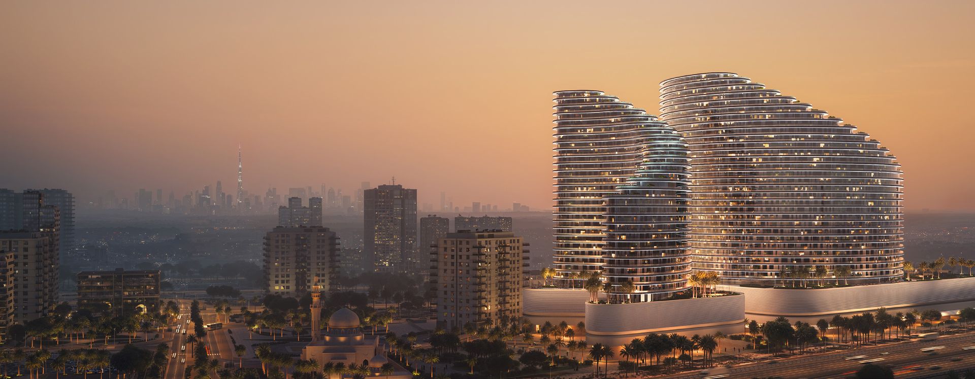 Binghatti Skyflame location with Dubai skyline