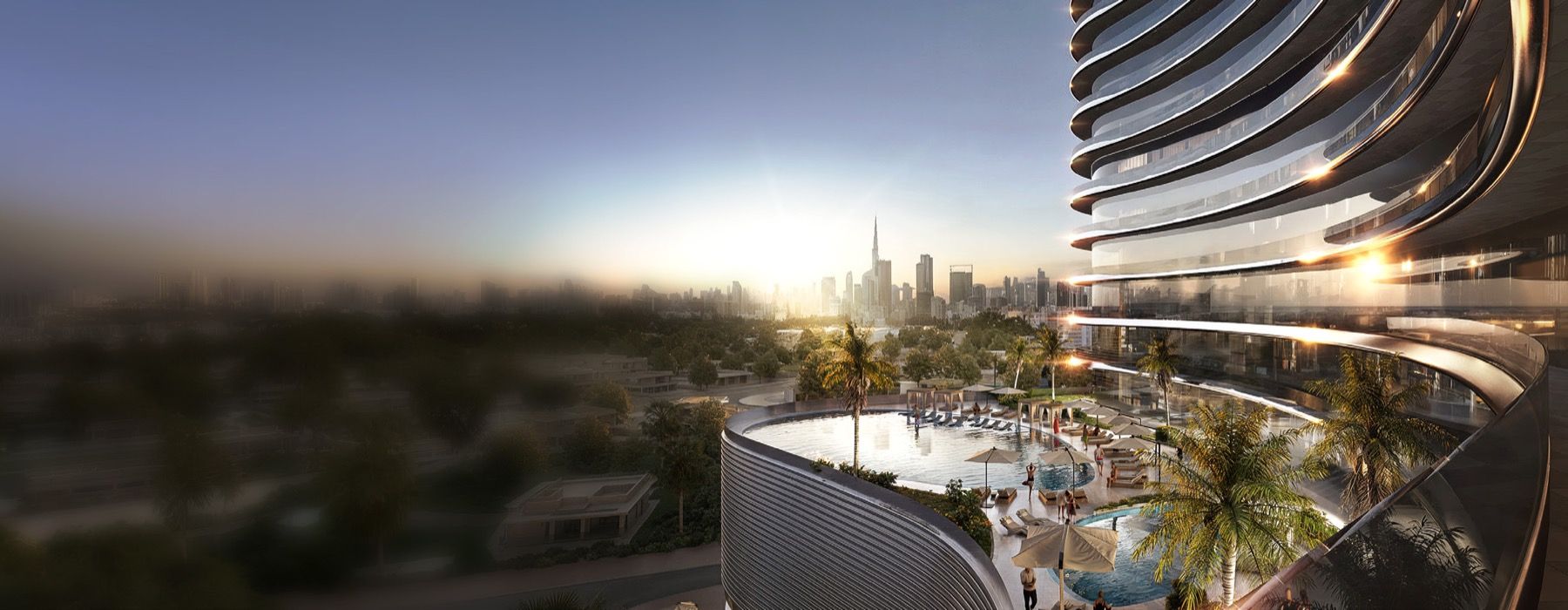 Binghatti Skyflame pool deck with Burj Khalifa view