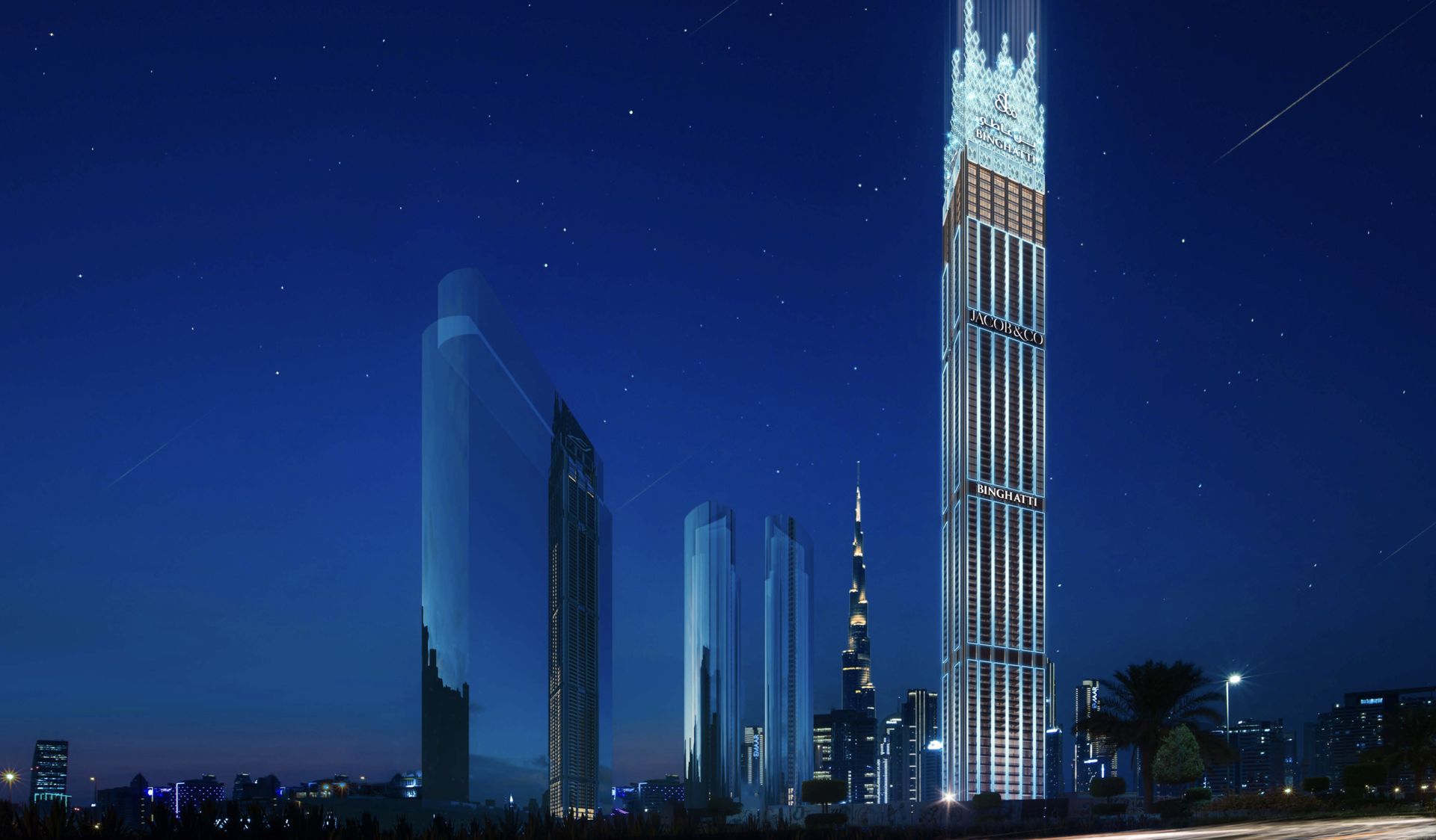 Burj Binghatti illuminated against night skyline
