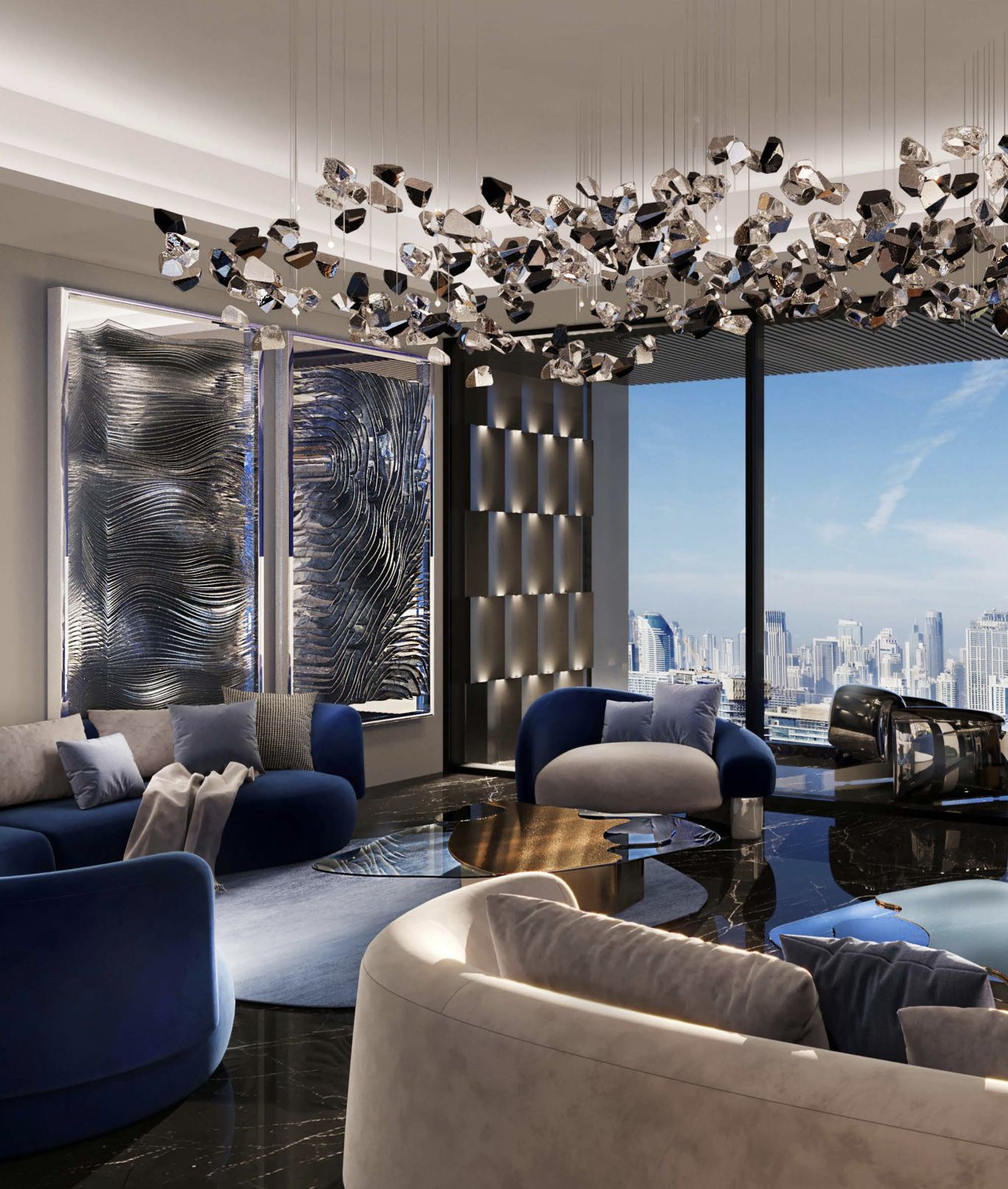 Luxury living room with crystal chandelier and city views