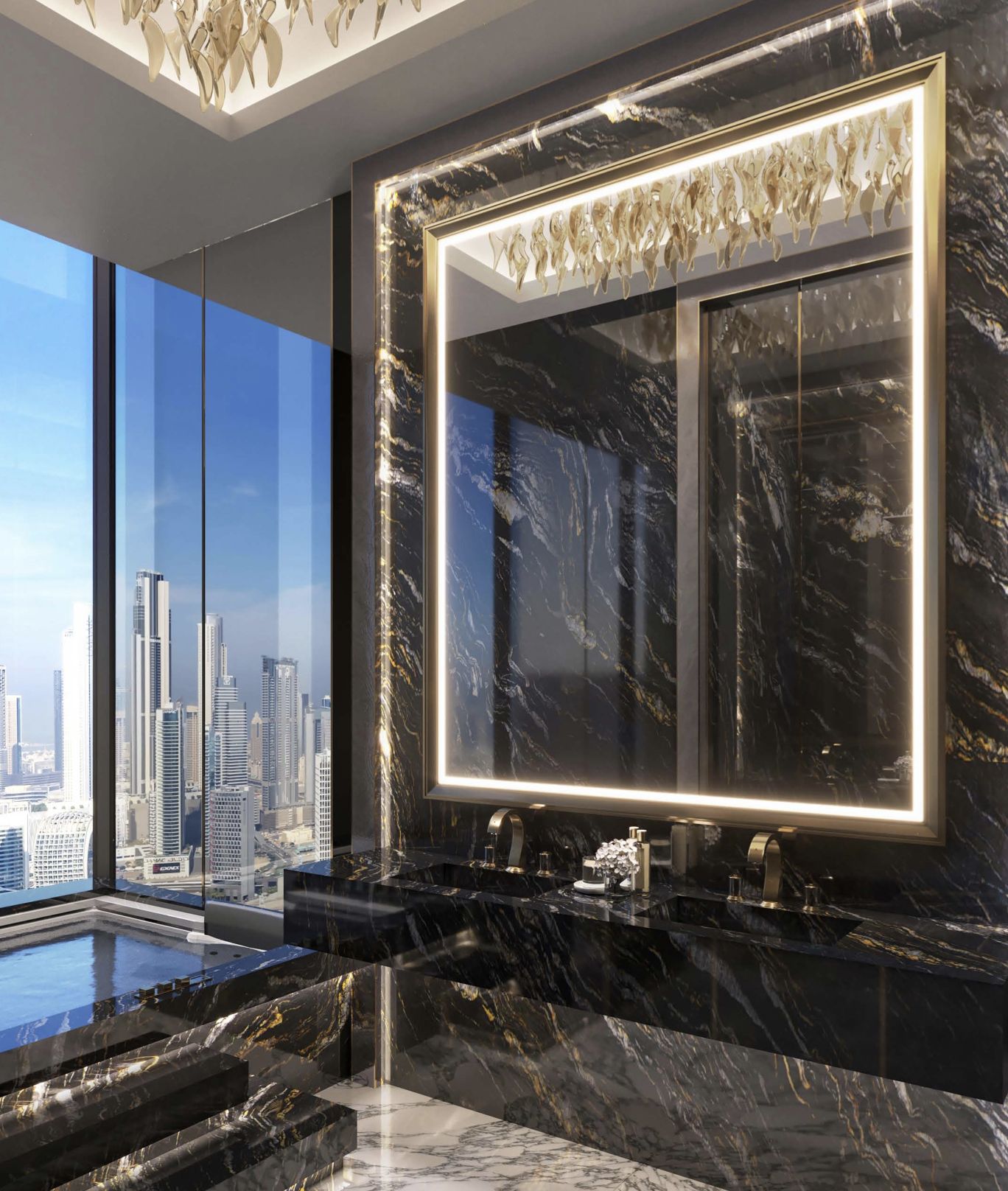 Black marble bathroom with gold fixtures