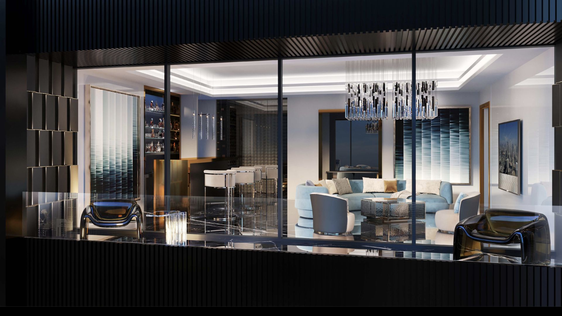 Night view into luxury lounge