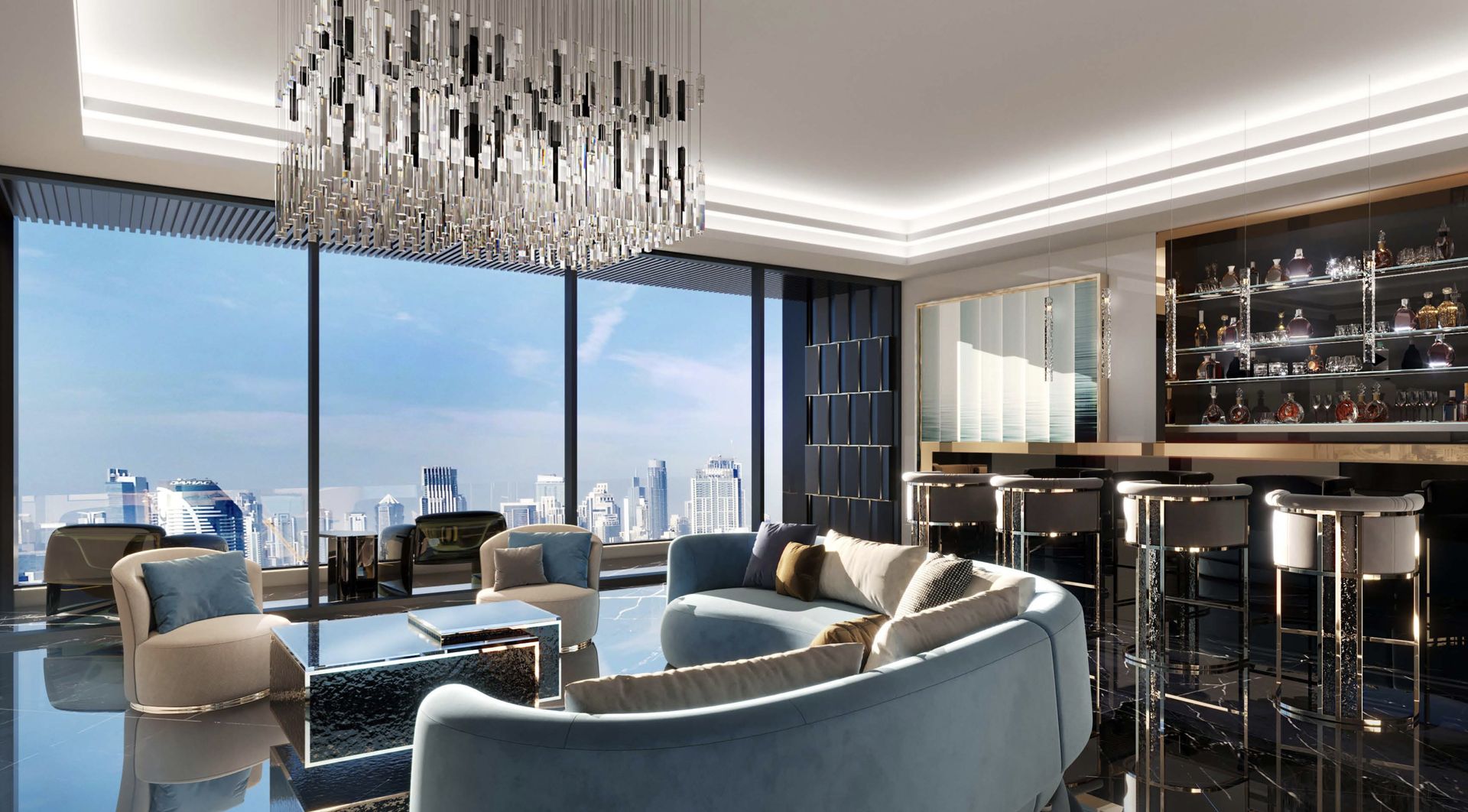 Sky bar and lounge with panoramic city views