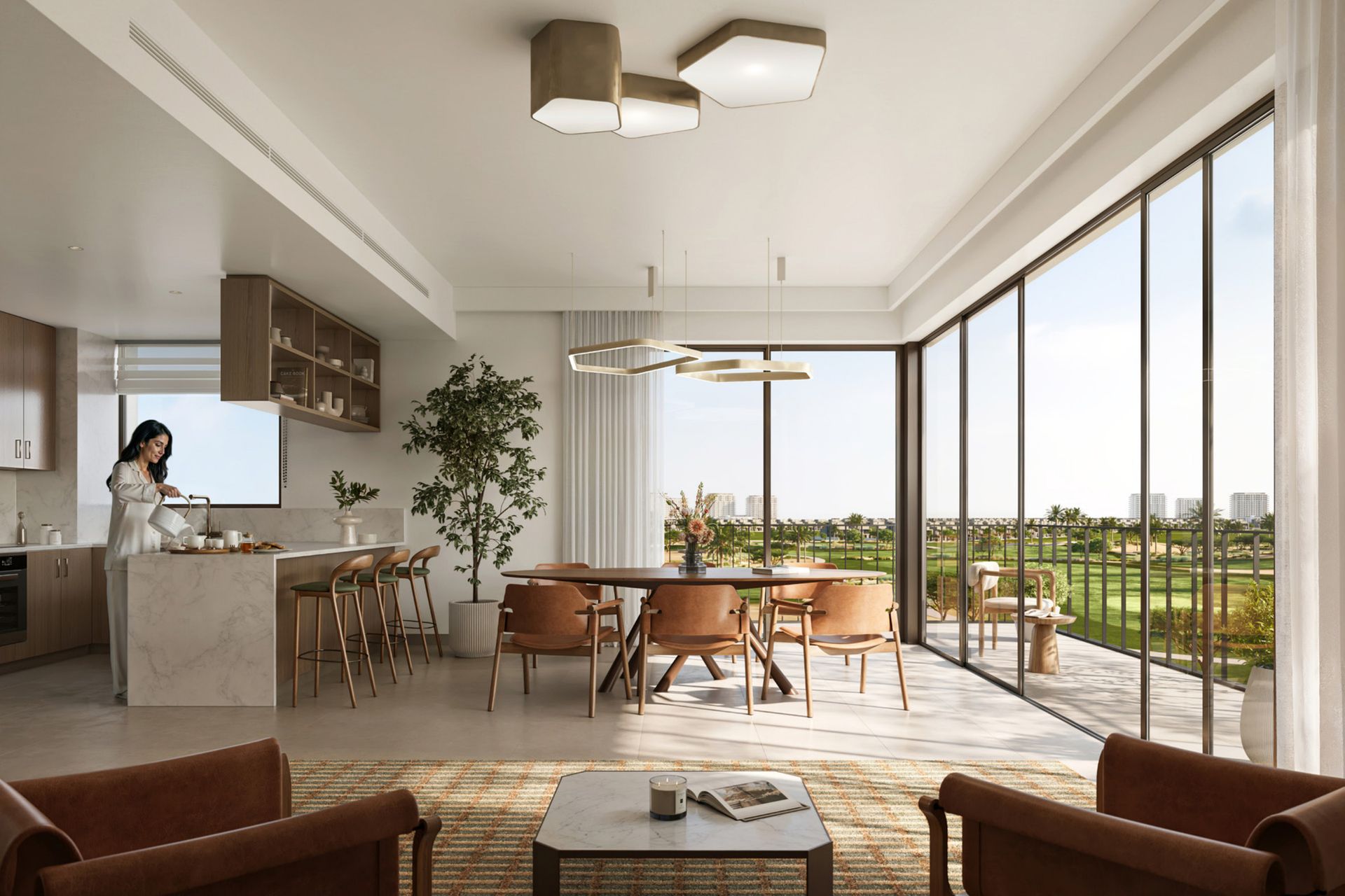 Modern dining interior with golf views