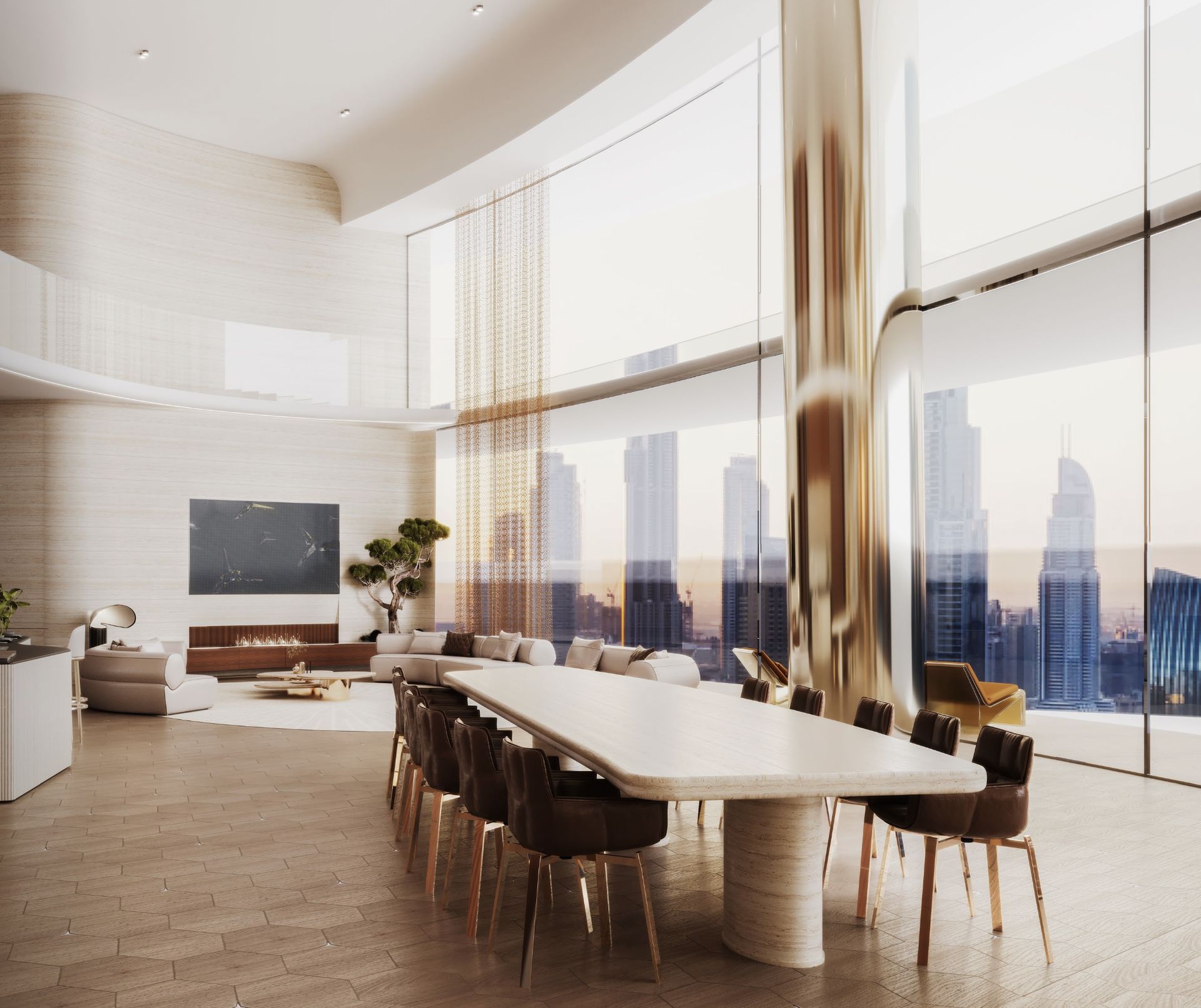 Mercedes-Benz Places — Dining room with Dubai skyline