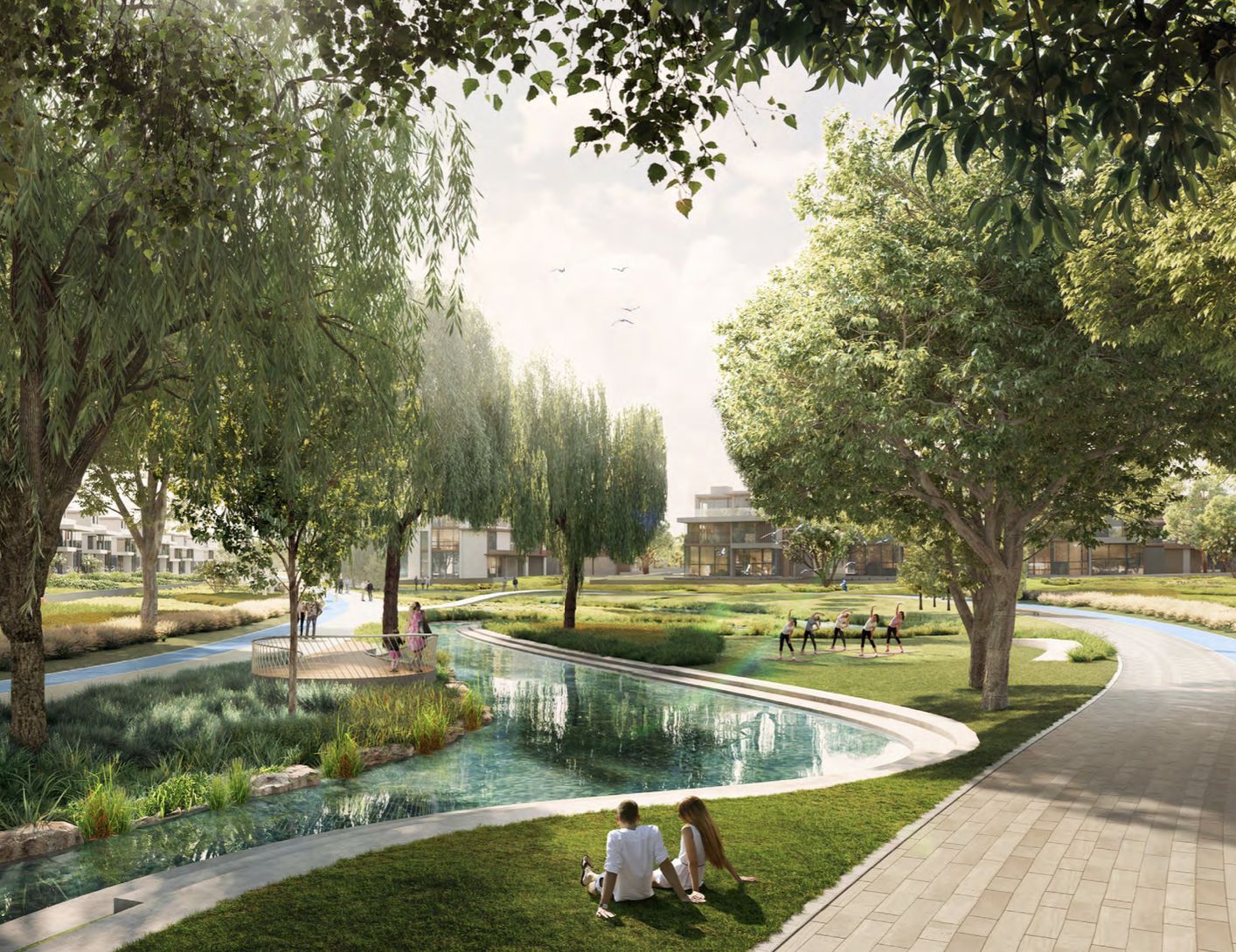 Nad Al Sheba Gardens lagoon and green walkway