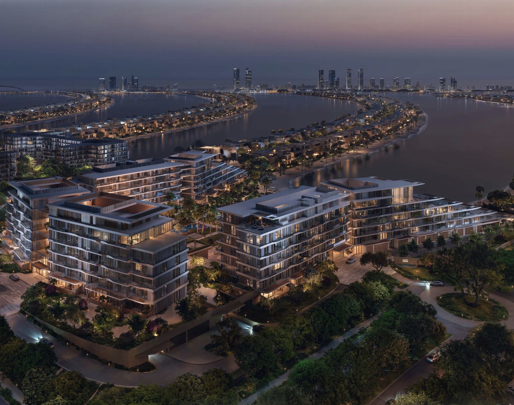Palm Central Private Residences — Evening aerial view, Palm Jebel Ali